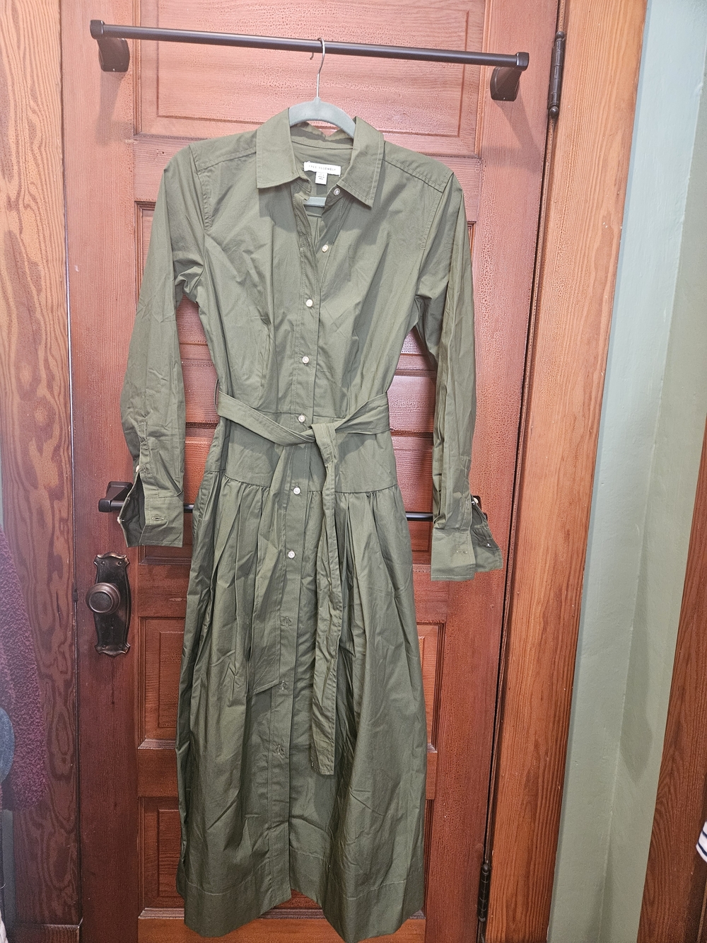 Olive Green Maxi Shirt Dress with Waist Tie